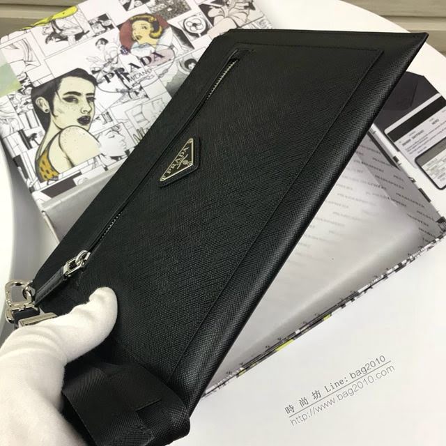 prada手包 普拉達新款皮革手拿包 2NH009 PRADA十字紋牛皮黑色手拿包  pyd2248